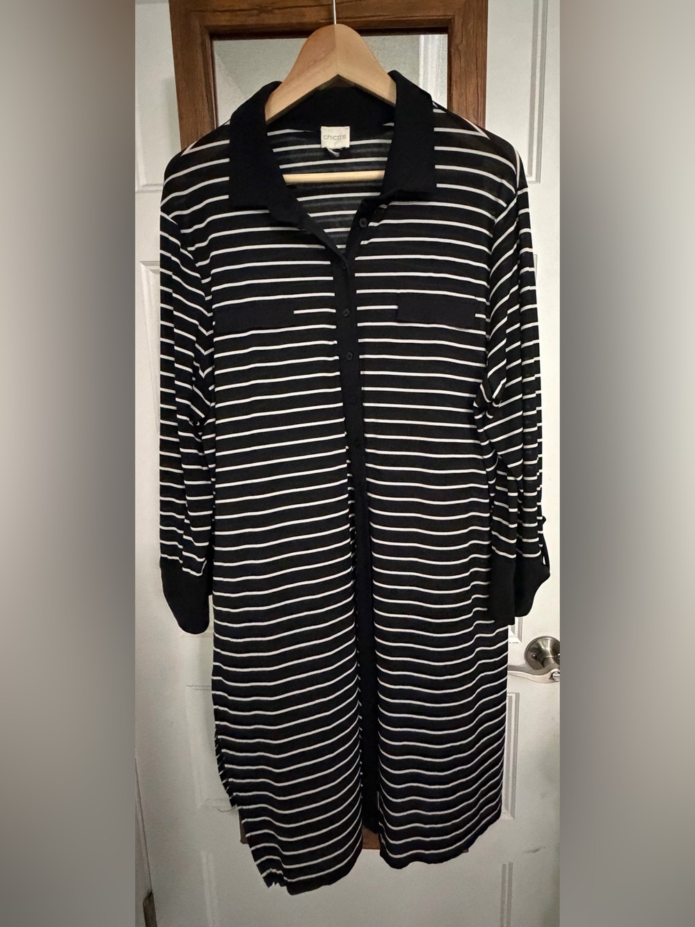 Chico's Black and White Striped Button-Front Cardigan